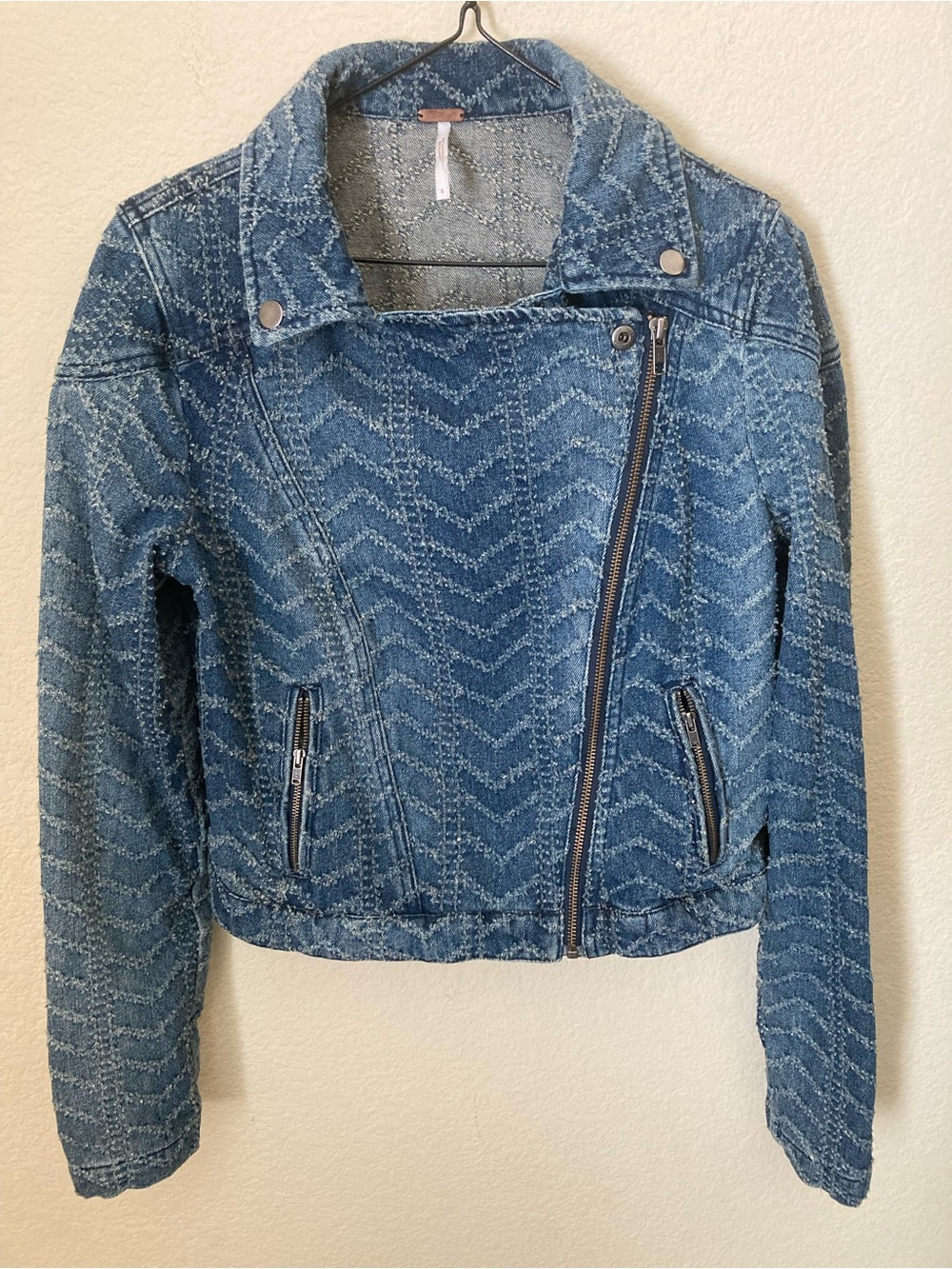Free People Distressed Textured Chevron Denim Moto Cropped Jacket